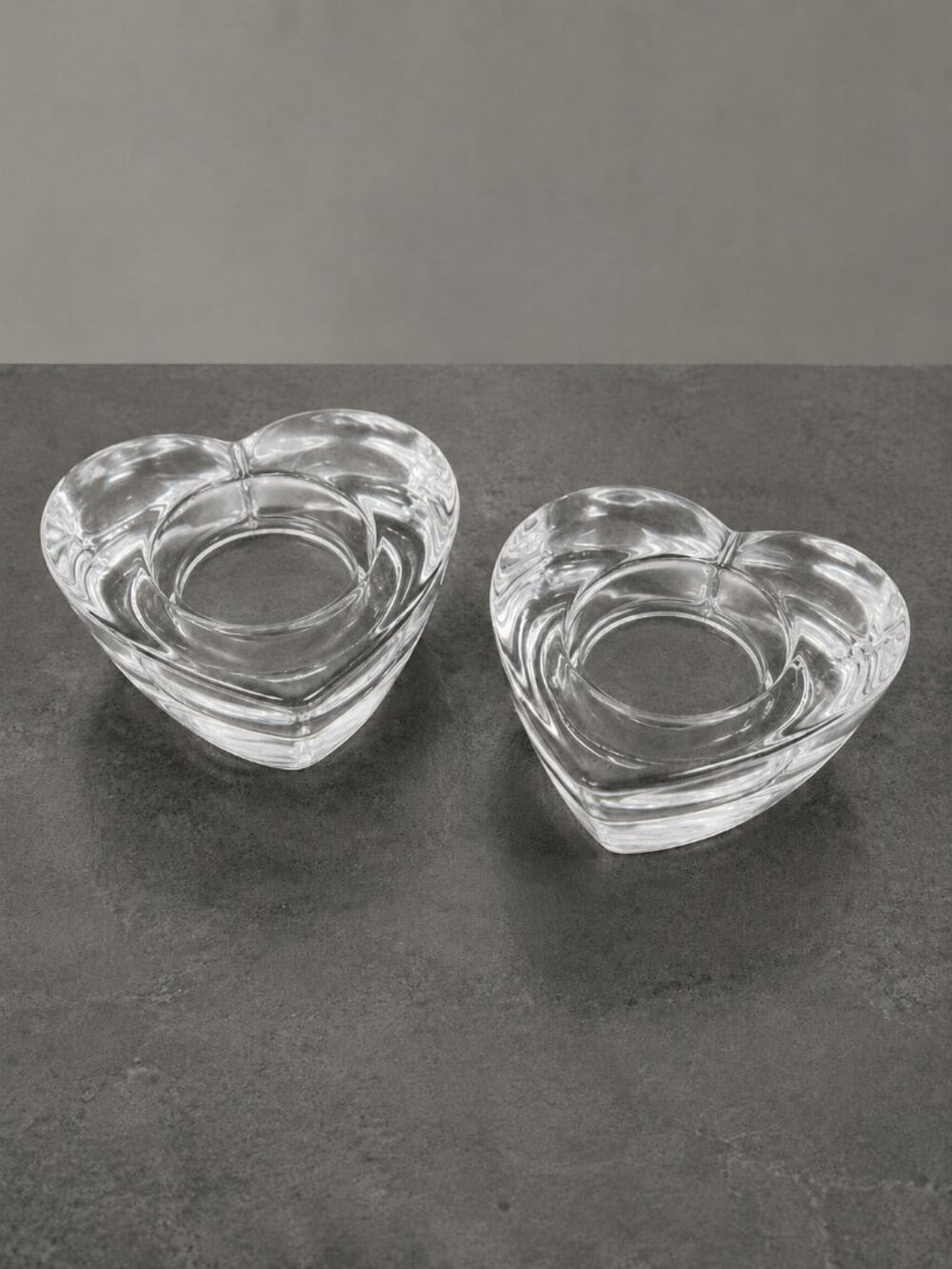 Crate & Barrel Clear Glass Heart Votive Candle Holders Pair Red Candles